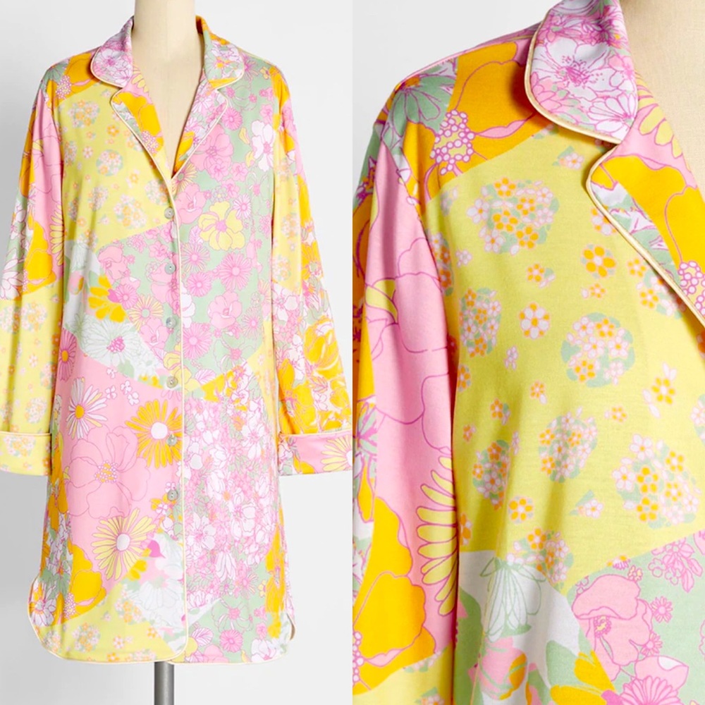 ⭐️ NWT MODCLOTH RETRO SPRING FLORAL GROOVY SLEEP SHIRT GOWN DRESS L SUPER SOFT!